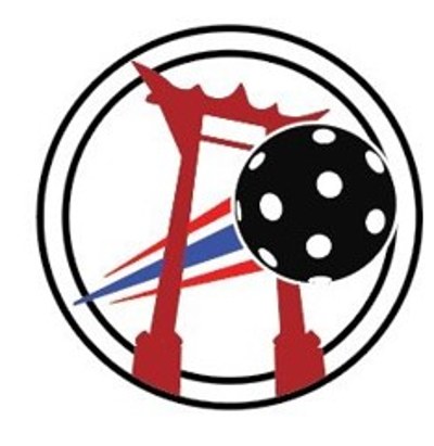 Bangkok Floorball Tournament badge: the Giant Swing with a floorball